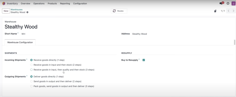 The Warehouse configuration screen in Odoo displays a sample warehouse, including its name and address. Select one of three options for both incoming and outgoing shipments to specify how goods will be received and sent.